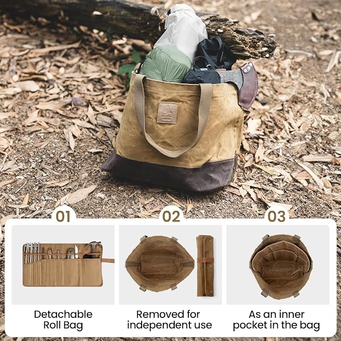 OneTigris Waxed Canvas Tool Tote Bag with Removable Tool Roll Bag, 36L Large Capacity Storage Tote Bag - Heavy Duty Canvas Bag and Tactical Camping Storage for Gardening,Camping Gear Firewood