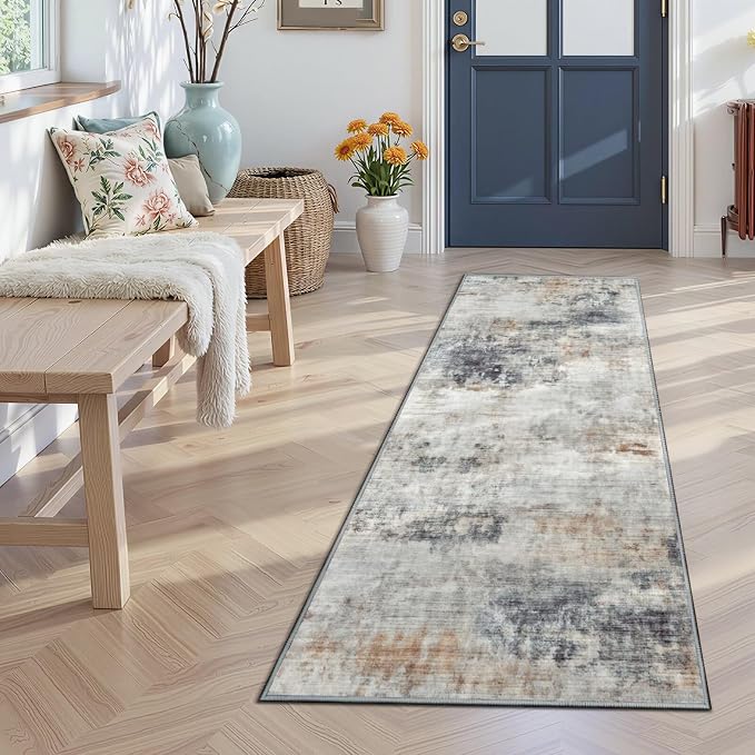 Toneed Washable 2x6 Non-Slip Runner Rug for Hallway Kitchen, Grey/Brown | Abstract Soft Modern Low Pile Area Rugs for Bedroom Laundry Living room,Indoor Carpet for Bedside Home Decor