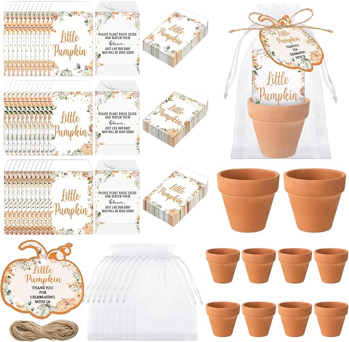 Reallnaive Little Pumpkin Baby Shower Party Decorations Set Include 24 Mini Terracotta Pots Seed Packets 24 Self Adhesive Envelopes Pumpkin Shape Tags Gifts for Fall Autumn Thanksgiving Baby Shower