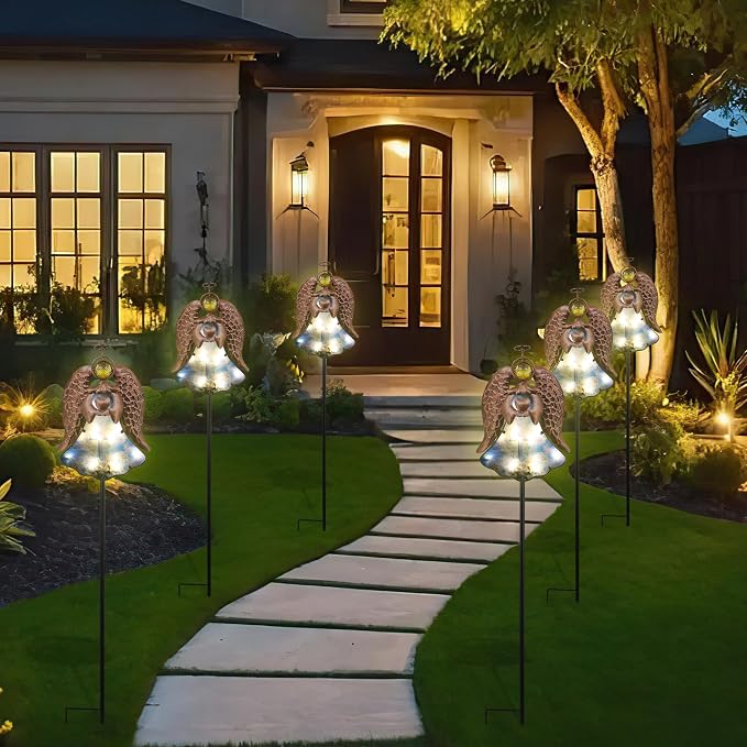 Solar Angel Garden Stake Light 32in, Iron Outdoor Decor with LED Cross Glass, Waterproof Memorial Yard Art, Easy Assembly Pathway Lighting for Patio Lawn