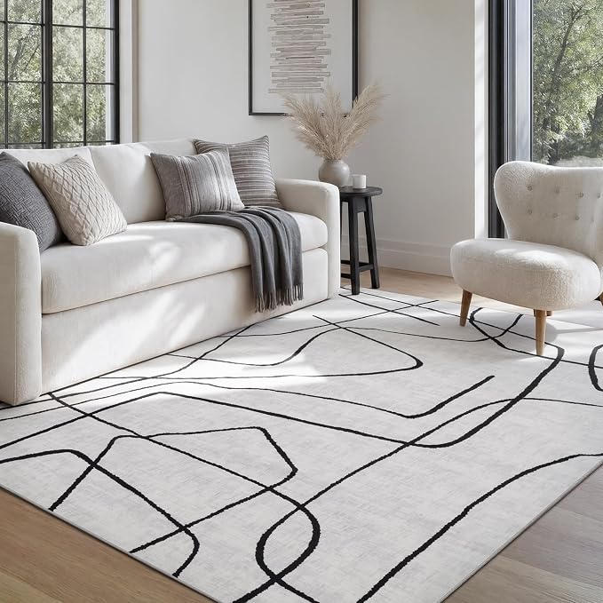 5x7 Washable Modern Abstract Black White Area Rug | Ultra-Thin Low Pile, Non-Slip TPE Backing, Soft Stain Resistant, Machine Washable, for Bedroom Livingroom High Traffic