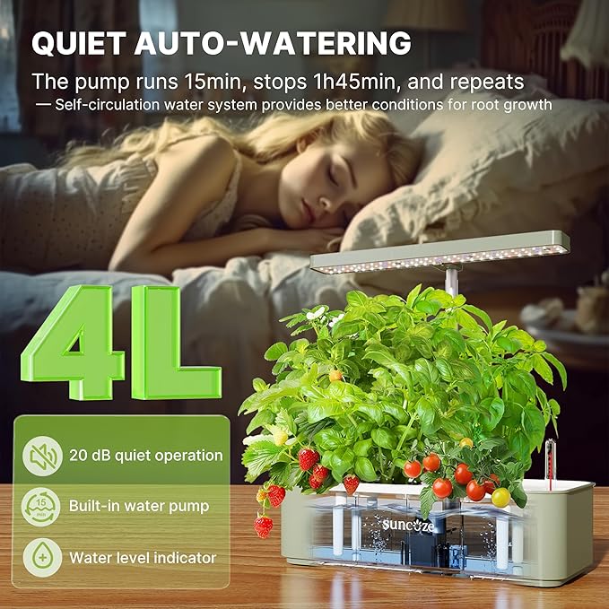 SUNCOZE Hydroponics Growing System, Compact 12 Pods Indoor Garden, Green | 24W LED Dimmable Grow Light, 4L Water Tank with Quiet Pump, Adjustable Height Herb Garden Planter Indoor Kit, Gardening Gifts