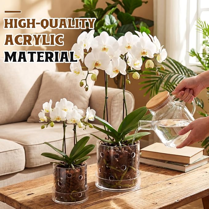 4 Inch 5 Inch Clear Acrylic Orchid Planter Pot with 360° Round Holes & Tray, Thick Acrylic Vented Planter for Phalaenopsis, Root Airflow, Bottom Watering & Indoor Orchid Repotting