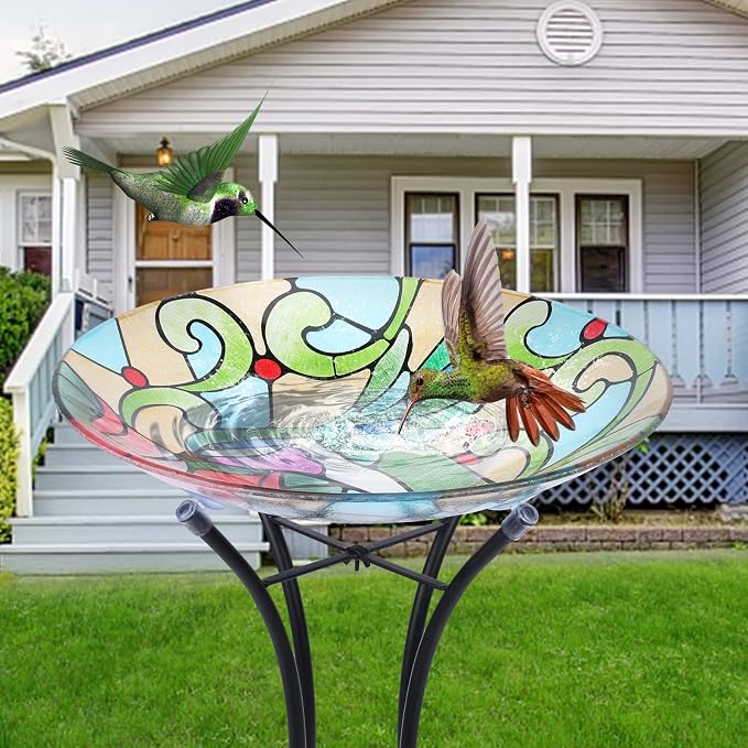 MUMTOP Bird Bath-Bird Baths for Outdoors - Hummingbird Large Bird Bath Bowl with Metal Stand, Glass BirdBaths for the Garden Lawn Yard Decor