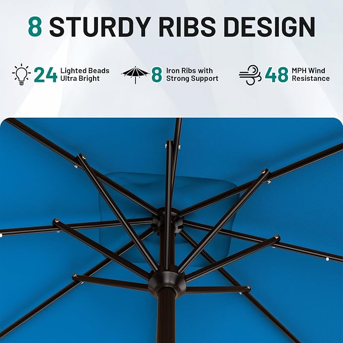 AreShark 8' X 10' Rectangular Patio Umbrella with Solar Lights, Lighted Solar Umbrella with Crank, Outdoor Table Umbrella for Garden, Deck, Backyard, Pool and Beach, Royal Blue