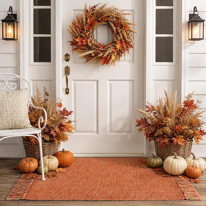 2' x 4.3' Indoor Outdoor Rug, Fall Farmhouse Kitchen Runner Rugs | Boho Modern Washable Bathroom Mat, Hand-Woven Entry Carpet, Reversible Front Door Mats for Laundry Bedroom Porch, Fall Decor