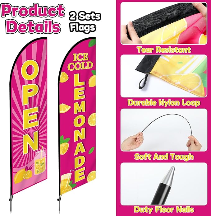 2 Sets Lemonade Feather Flag for Business Advertising 11 FT Summer Lemonade Swooper Flag Sign with Pole Ground Stake Portable Bag Windless Welcome Open Banner for Outside Garden Business Store (Pink)