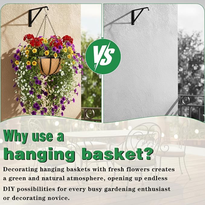 4 Pack 12 Inch Hanging Planters for Outdoor Plants Metal Hanging Planter Basket with Coco Coir Liner Round Plant Black Flat Iron Metal Flower Pots for Deck Patio Porch Garden Balcony