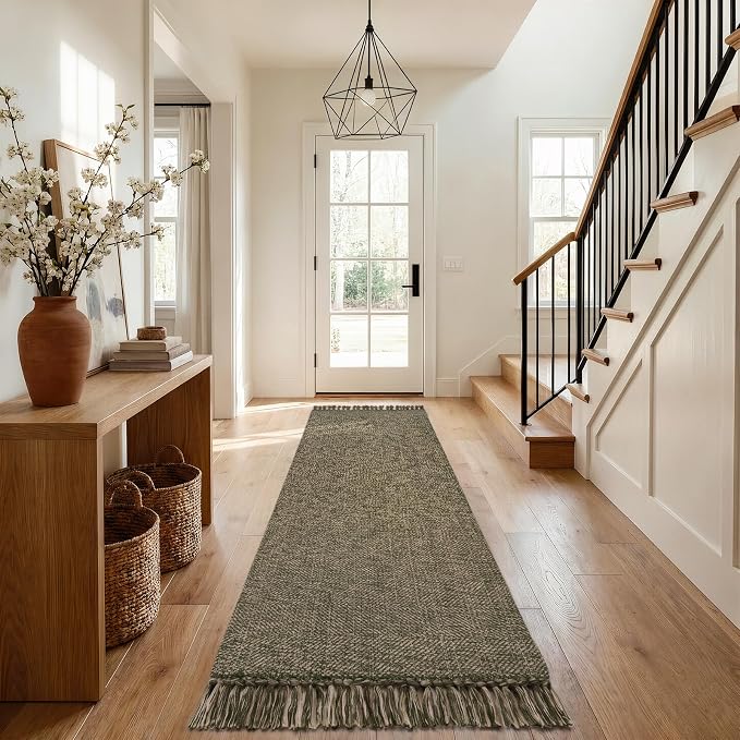 Moss Green Kitchen Runner Rug, Modern Farmhouse Hallway Rugs | Boho Washable Bathroom Rugs, 2.6' x 8' Braided Entry Hall Carpet for Laundry Bedroom Decor