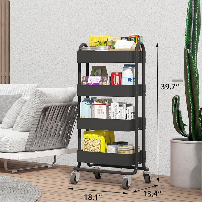4-Tier Metal Rolling Cart with Wheels,4 Tier Utility Cart with Wheels for Office,Home,Kitchen,Garden（13.4"x18.1"x40"） Black
