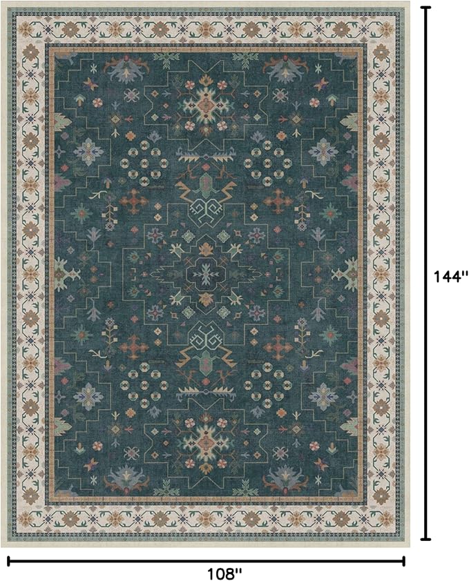 Dark Green Vintage Living Room Rug 9x12 - Boho Unique Floral Victorian Decor, Washable Low Pile Non-Slip Extra Large Area Rugs for Dining Under Table Bedroom