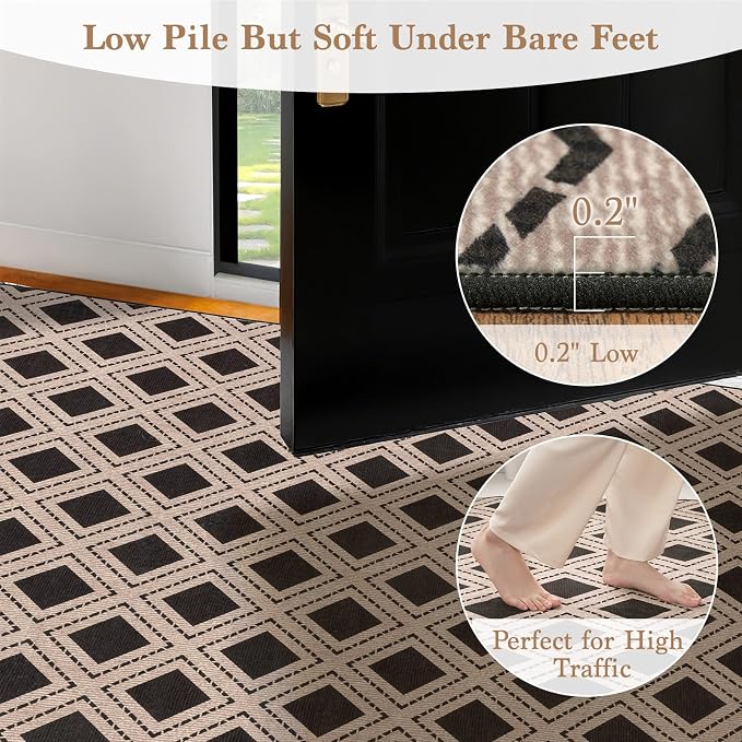 LBRO2M Machine Washable Rug Soft Pet Friendly Carpet 9X12 Black | Checkered Rug 9X12 for Living Room, Bedroom, Dining Room, Home Office, Non Slip Carpet, Foldable Stain Resistant Rugs
