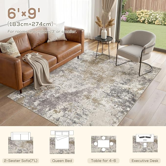 Nakagishi 6X9 Abstract Washable Area Rugs for Living Room-Brown Grey | Modern Non-Slip Silicone Backing Low Pile Soft Carpet for Bedroom Dining Decor for Families with Kids and Pets