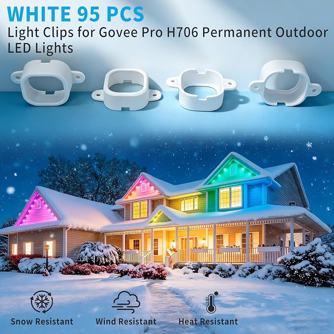 95 Pcs Light Clips for Govee Pro Permanent Outdoor Lights Compatible with Pro H706A H706B H706C Outdoor Decoration and Fixed luminaire Mounting Brackets Screws Kit (White)