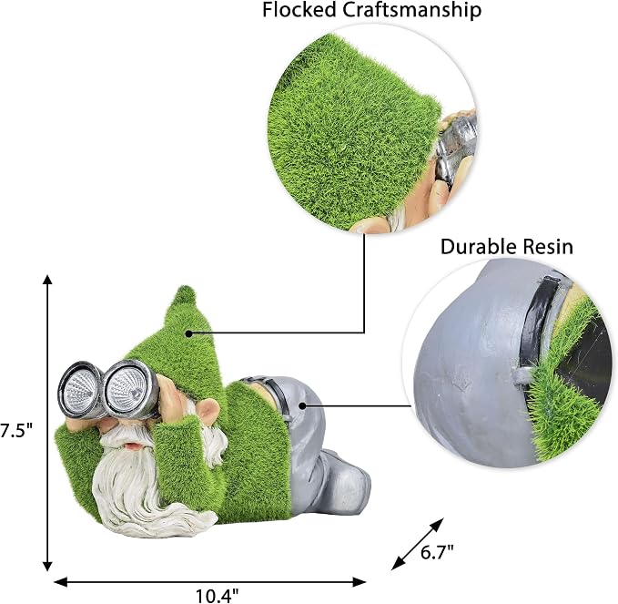 TERESA'S COLLECTIONS Green Garden Gnomes for Garden Decor, Funny Resin Outdoor Decorations for Yard with Solar Lights, Garden Statues for Front Porch Patio, Ideal Gift for Women and Man 7.1"