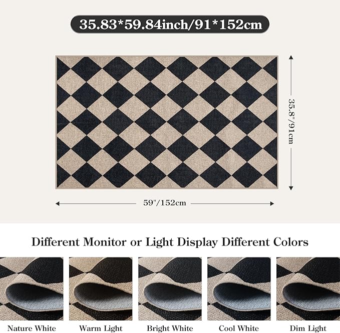 Lahome Checkered Easy Jute 3x5 Entryway Front Porch Rug, Black Diamond Indoor Outdoor Patio Layering Rug, Washable Farmhouse Neutral Non Slip Non Shedding Door Carpet for Backyard Blacony
