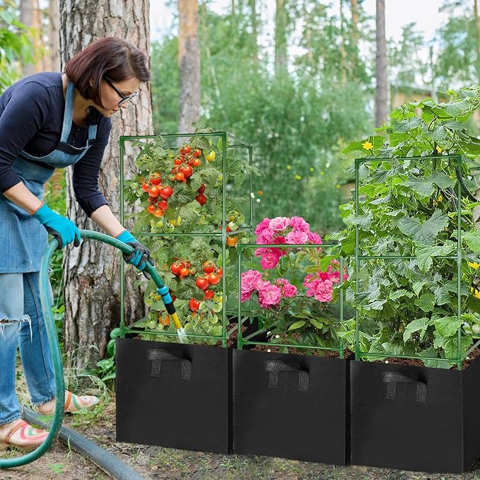 ANPHSIN Sturdy Square Tomato Cage with Movable 17 Gal Grow Bags - 3 Sets 46'' Plants Garden Trellis Planter, Support for Indoor Outdoor, Cucumber, Beans, Peppers, Eggplants, Climbing Vegetables