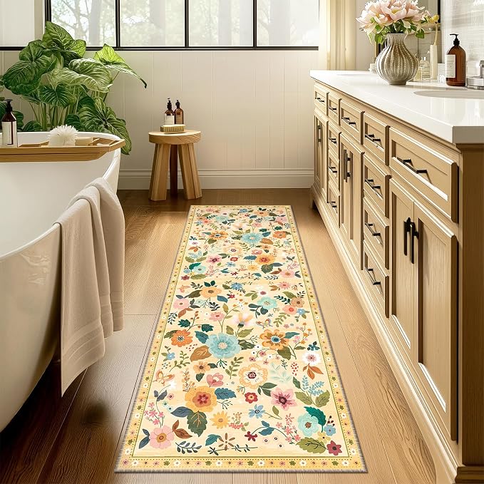 Floral Washable 2x10 Area Rugs Runner Entryway Hallway Yellow/Orange | Flower Carpet, Print, Boho, Non-Slip, Easy to Clean, Low Pile, Soft, for Living Room Bedroom Kitchen Office Entrance