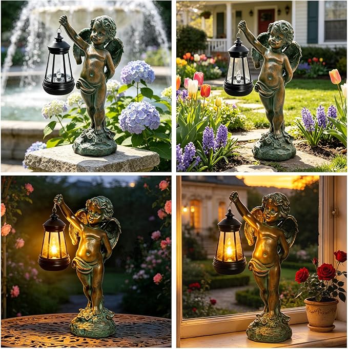 Solar Angel Garden Statues, Outdoor Angel Solar Hanging Lights Waterproof, Birthday Gifts for Mom Women Mother's Day, Cupid Boy Garden Figurines for Yard Decor Patio Porch Lawn Ornaments