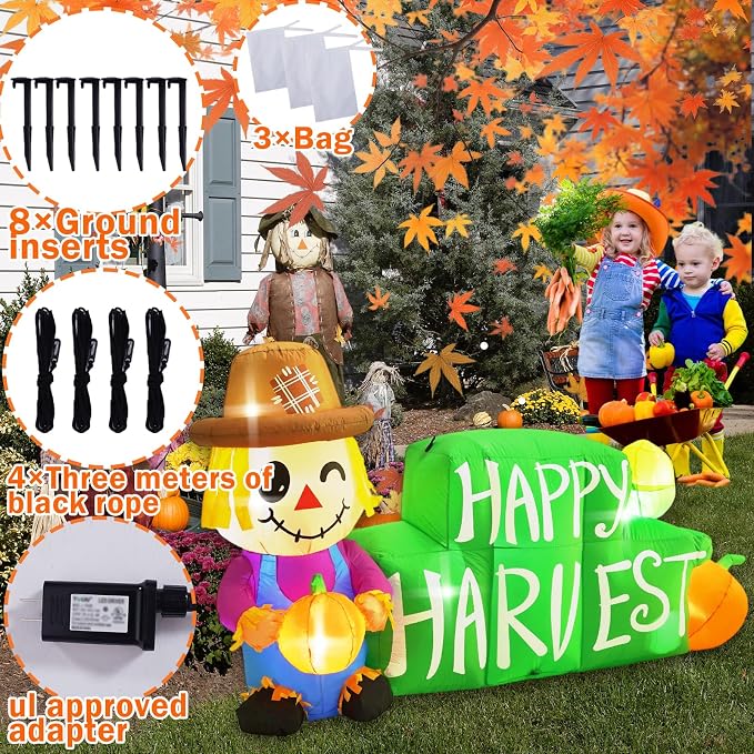 8FT Long Fall Inflatables Outdoor Decorations, Inflatable Scarecrow and Road Sign Pumpkin, Built-in LED Fall Autumn Harvest Thanksgiving Inflatables Blow Ups for Outside Yard Garden Lawn