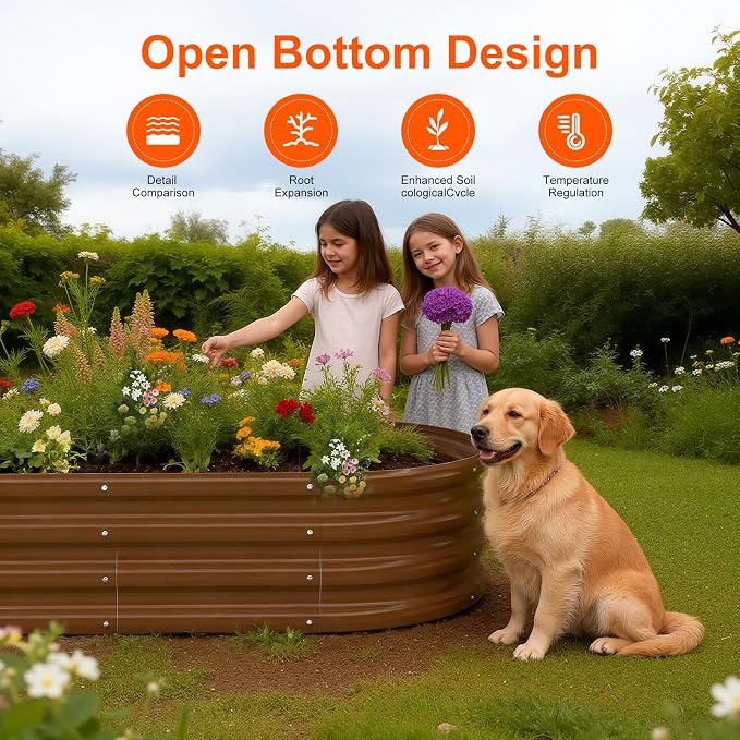 Rakukiri Raised Garden Bed Outdoor, GRS Certified Recycled Metal Planter Box 2 Sets, 4FT Galvanized Oval Herb Garden Kit, Bottomless Large Garden Beds for Vegetables Flowers, Rust-Resistant Brown