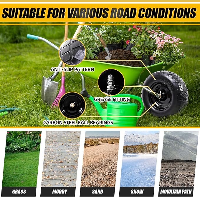 MZREXN 4.80/4.00-8" Flat Free Tire and Wheel, 16" Wheelbarrow Tires | 2 Packs Universal Solid Tires with 5/8" & 3/4" Bearings, 3" Centered Hub for Hand Truck Garden Trailers Utility Cart, Black