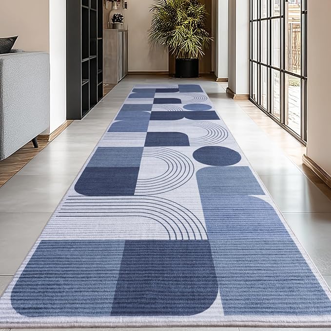 Soft Modern Geometric Abstract Machine Washable 2.7x10 Runner Rug | Blue Rugs for Bedroom Living Room, Non-Shedding Faux Wool Indoor Throw Floor Carpet for Office Entryway Dining Room Decor