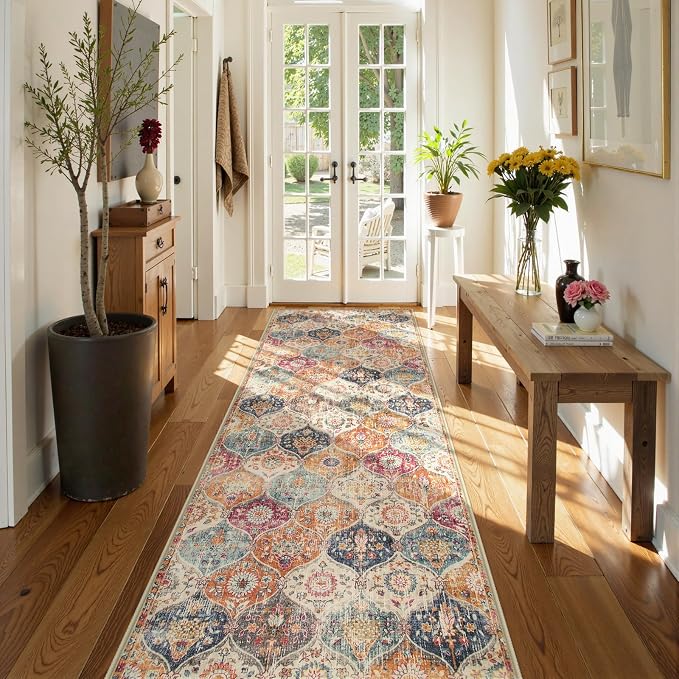Lahome Moroccan Hallway Runner Rug, 2'5''x8' Ultra-Thin Washable Runners for Hallways Kitchen, Oriental Laundry Room Rug Non-Slip Carpet for Entryway Bedroom Bathroom Elise, Cream/Multi