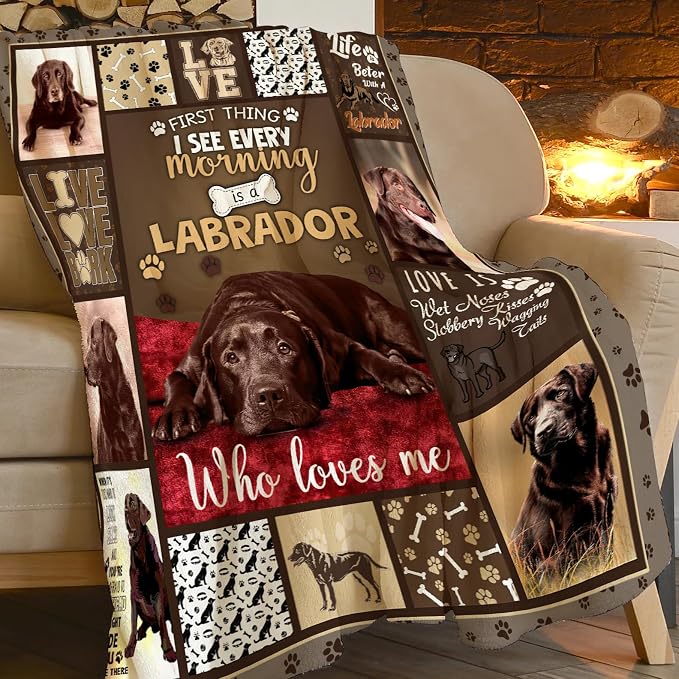 Labrador Dog Throw Blanket Cozy Plush Chocolate Retriever Lover Flannel Fleece Ultra Soft Blankets Lightweight Fuzzy Party Blanket Gifts for Girls Women Men Boys Bed Couch Sofa 60"x50"