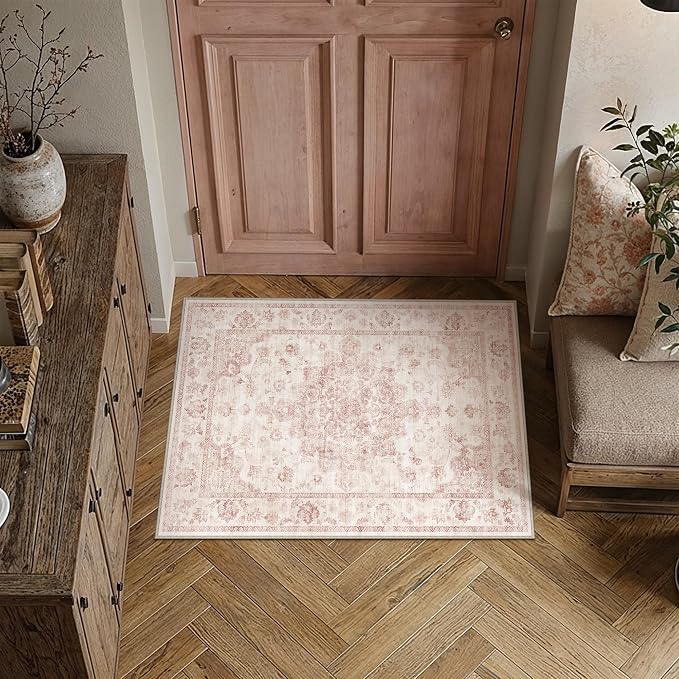 2x3 Pink Neutral Area Rug | Washable, Non Slip, Soft Low Pile, Vintage Farmhouse, for Entryway Kitchen Bathroom Living Room Bedroom Indoor Home Decor