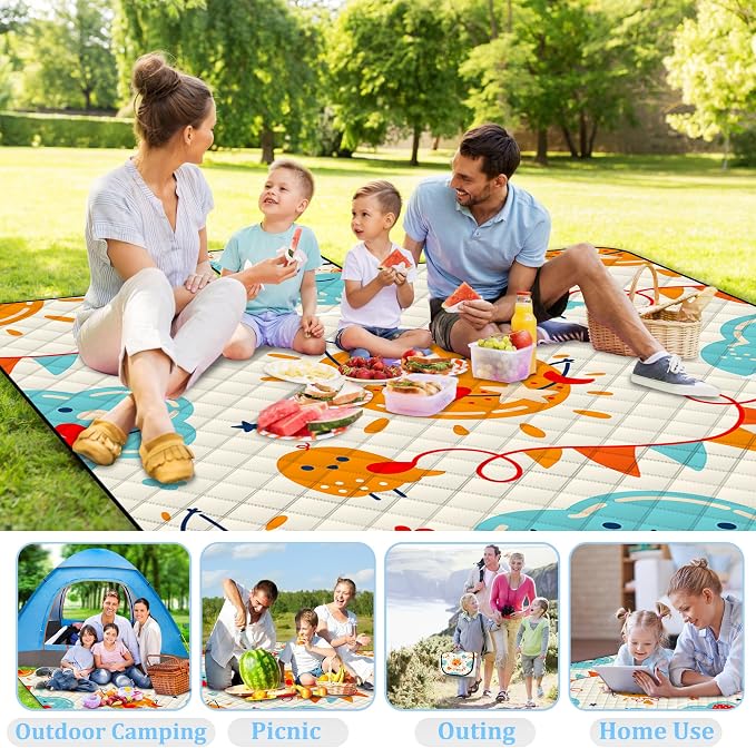 Poedist Extra Large Picnic Blanket Waterproof,80"x 80"Foldable Machine Washable Beach Blanket,Outdoor Blanket for 6-8 Adults,Suitable for Indoor Crawling,Park Beach,Camping,Hiking,Family Travel(Sun)