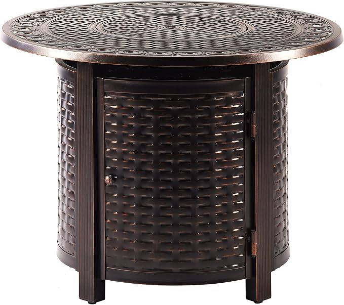 Oakland Living Round 34 in. x 34 in. Aluminum Propane Fire Pit Table with Glass Beads, Two Covers, Lid, 37,000 BTUs in Copper Finish