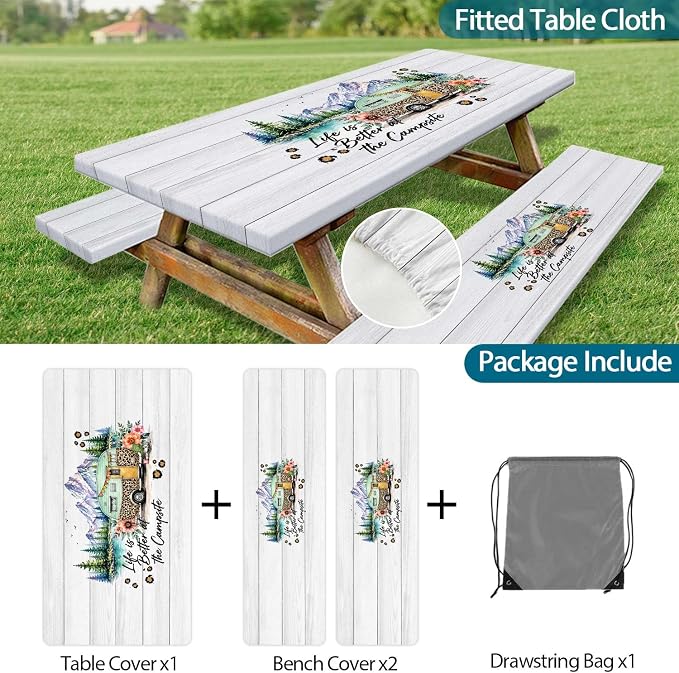 Picnic Table Cover with Bench Covers, Camper Floral Waterproof Windproof, Fitted Tablecloth with Elastic Edge, Camping Accessories Essentials for Backyard BBQ RV Trip Picnic Outdoor Party, 30X96 inch