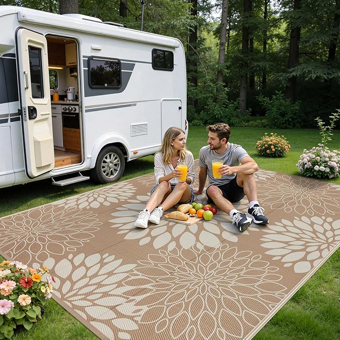 Ileading Waterproof Outdoor Rug 8x10, Reversible Plastic Straw Patio Rug, Portable Indoor Outdoor RV Camping Mat Carpet for Deck, Porch, Balcony, Backyard, Picnic, Floral Brown