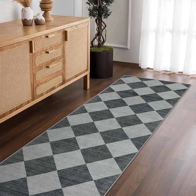 Beeiva Checkered Print Hallway Runner Rug 2.5x8, Ultra Thin Kitchen Runner Rugs Non Skid Washable 8ft, Moroccan Plaid Design Floor Carpet for Entryway Bedroom Bedroom, Gingham Geometric Home Decor