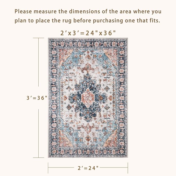 Tangsoo Vintage 2x3 Washable Rugs for Entryway, Non Slip Small Area Rug | Oriental Indoor Front Door Rug, Door Mat Small Carpet, Boho Soft Low Pile Throw Rugs for Entrance Entry Kitchen Bathroom Blue