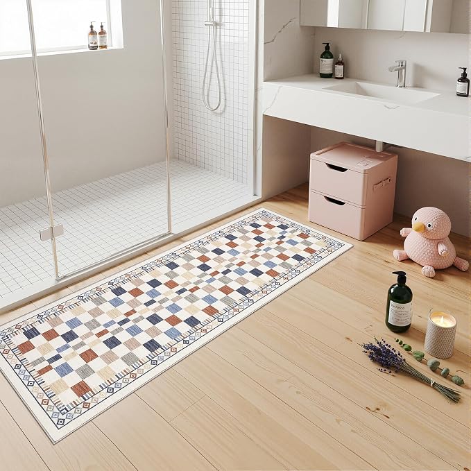 GarveeHome 2x8 Runner Rug for Kitchen Bathroom Colorful Modern Checkered | Long Rug for Bedroom Porch Contemporary Abstract Washable Runners Non-Slip Low Pile Easy-Clean Soft Carpet for Hallway