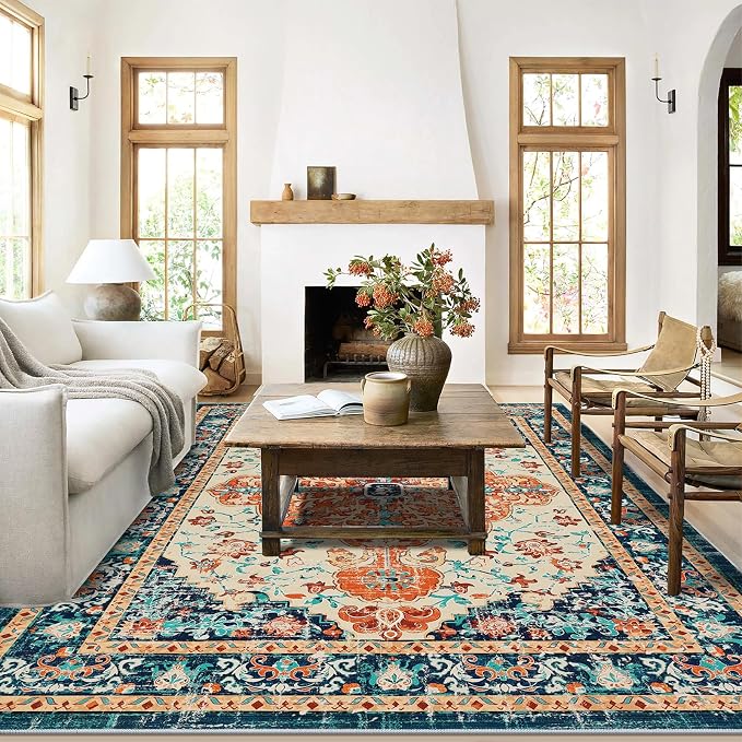 U'Artlines Boho Vintage Area Rug 6x9 Machine Washable Carpet,Orange/Multi | Low Pile, Non Slip, Ultra-Thin Soft Floor Carpet, Accent Rug for Living Room Bedroom Entryway Dining Room Office