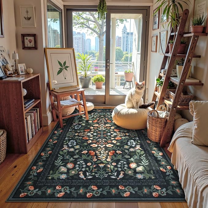 Lahome Black Floral Washable Area Rug 5x7, Vintage Boho Carpet | Non Slip Stain Resistant Carpet for Bedroom Kitchen Entryway, Low-Pile Soft Rug for Living Room Office, Home Decor
