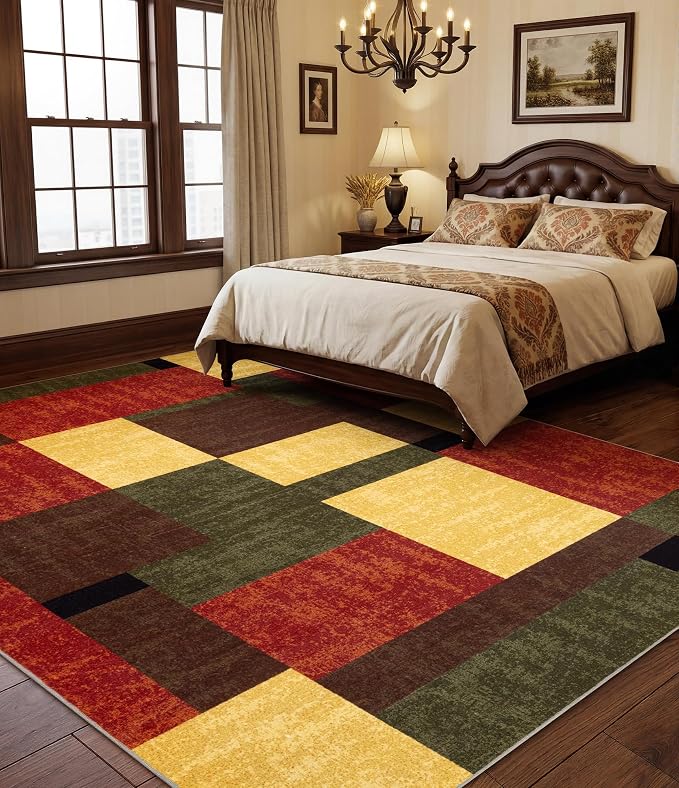 Red and Green Rug 8x10, Burgundy Farmhouse Vintage Rugs Washable for Living Room,Burnt Orange Area Rug Non Slip,Geometric Boho Area Rug for Kitchen,Dining Room,Bedroom