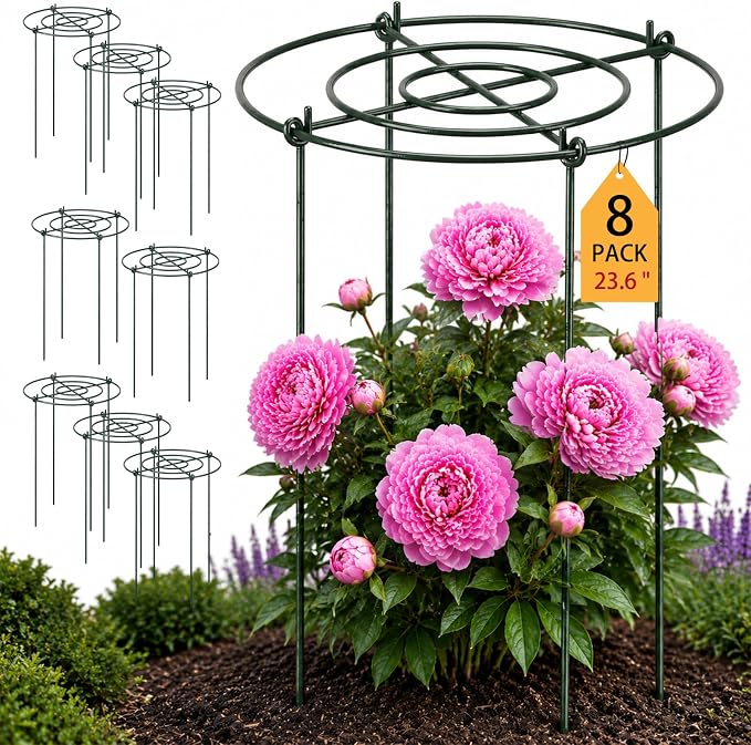 Pelopy Large Peony Cages and Supports 23.6"H x 15.7"D Heavy Duty Plant Support for Outdoor Plants, Meatl Peony Rings, Flower Support Stakes, Garden Stakes for Rose Tomato Hydrangea Strawberry(8 Pack)
