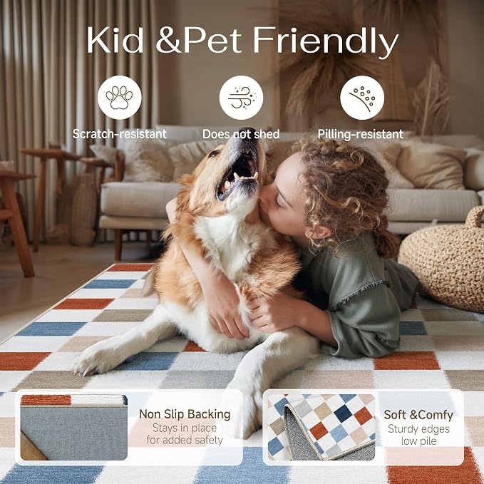 2x6 Washable Runner Rug Kitchen Colorful Non Slip Checkered Carpet | Soft, Low Pile, Modern, Pet Friendly, Indoor Rugs for Hallway, Entryway, Laundry Room, Bathroom
