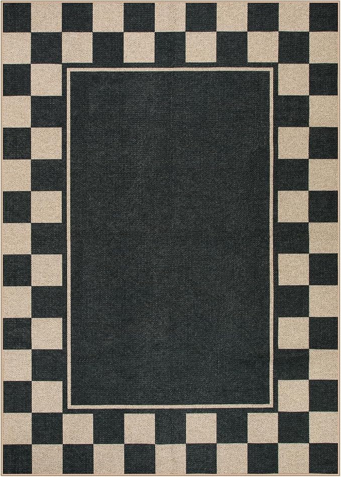 Moynesa Checkered Easy Jute 5x7 Area Rugs for Living Room, Washable Outdoor Patio Rug for Backyard Porches Non Slip, Black Farmhouse Carpet for Dining Room Balcony