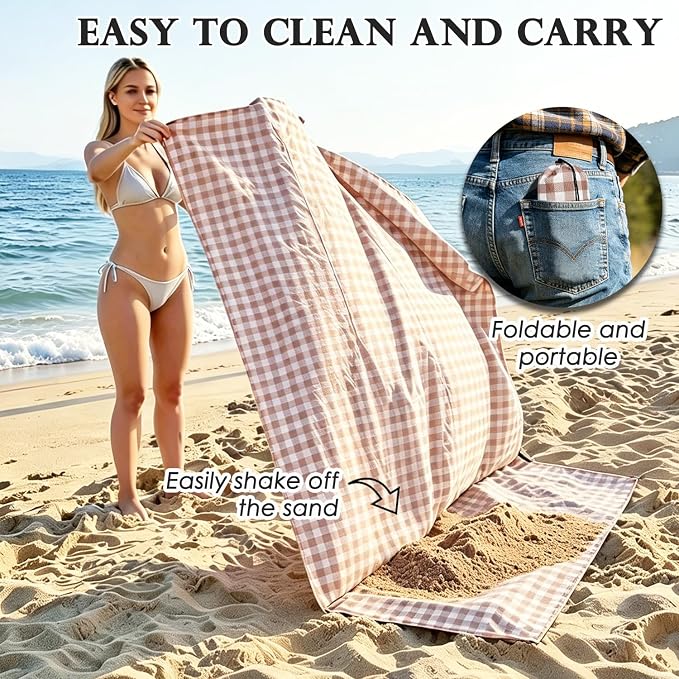 Fammart Pocket Picnic Blanket Sandproof Waterproof, Portable Lightweight Camping Tarp, Quick Dry Foldable Compact Beach Mat with Corner Pockets & Stakes for Festivals Hiking Outdoor Essentials