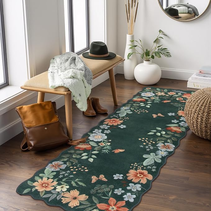 Lahome Floral Green Rugs for Entryway, 2X3 Washable Kitchen Rugs Non Slip | Soft Rug Ultra-Thin Indoor Door Mat Boho Small Throw Carpet for Bathroom Bedroom Flore (2x3ft, Dark Green)