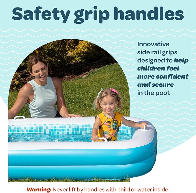 3-in-1 Premium Inflatable Kiddie Pool, Ball Pit & Tanning Pool, Soft Cushioned Floor, Handles, Drain, Shallow Rectangular Blow Up Swimming Pool for Kids, Small Backyard Tanning Pool - 65"x39"x10"
