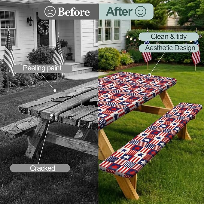 Play Tailor Picnic Table Cover with Bench Covers Camping Essentials Waterproof Windproof Camping Tablecloth with Drawstring Bag, Fitted Rectangle Tables and Seats, 72in, Red Blue Checkered