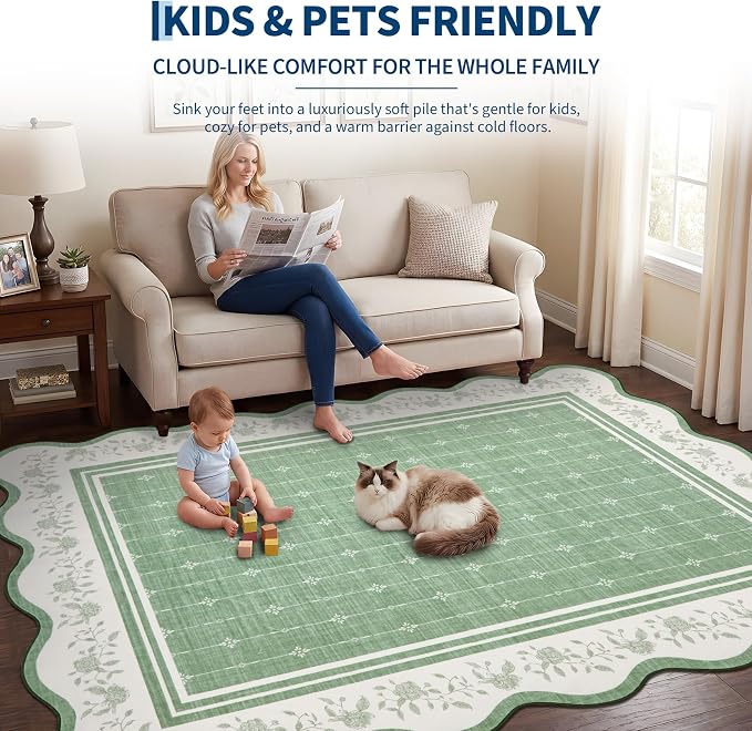 Garvee Scollaped Rugs for Living Room 5x7 Area Rugs for Bedroom Soft Green | Non-Slip Low Pile Neutral Kids Rug Non-Shedding Bordered Nursery Carpet Foldable Thin Mat for Dining Room Kitchen Playroom