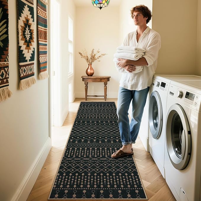 Lahome Moroccan Easy Jute Washable Runner Rug, 2x8 Black Kitchen Runner | Distressed Print Geometric Carpet for Inside Entryway Hallways Laundry Room Foyer