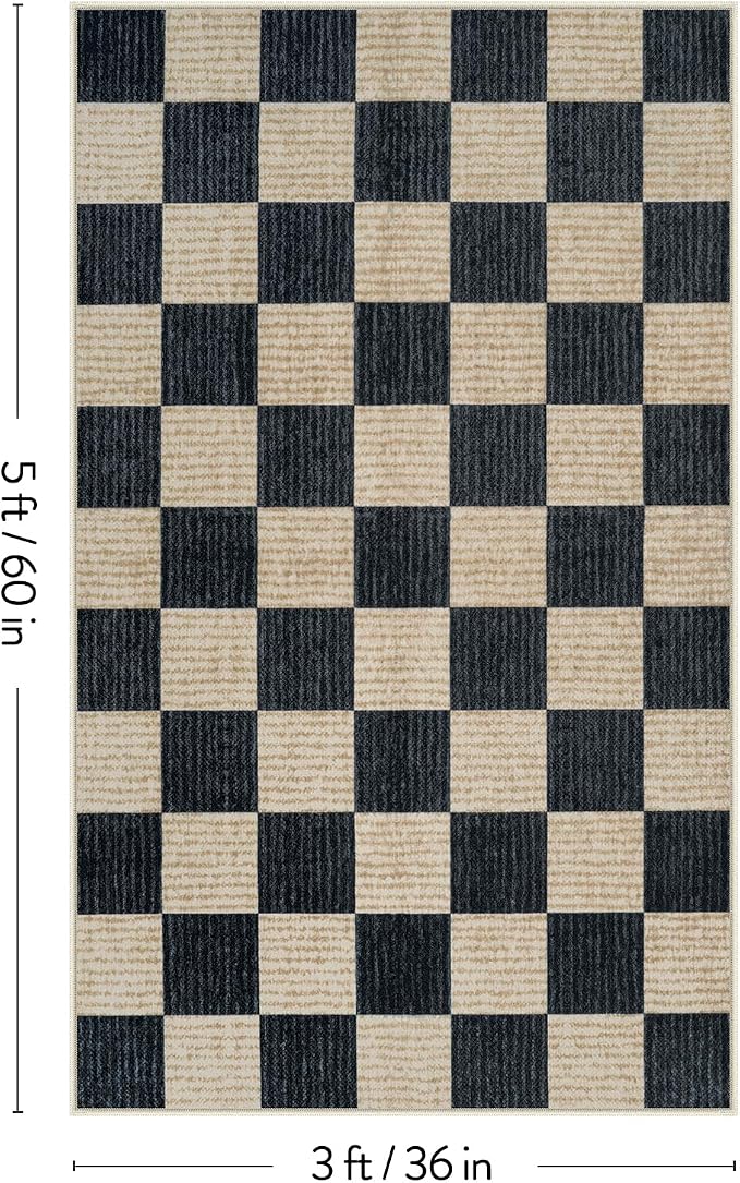 LIVEBOX 3x5 Washable Area Rug Checkered, Non-Slip Small Entryway Rug Black Farmhouse Neutral Classic Geometric Boys Rug for Bedroom Living Room Low-Pile Carpet for Indoor Kitchen Bathroom(Black 3'x5')